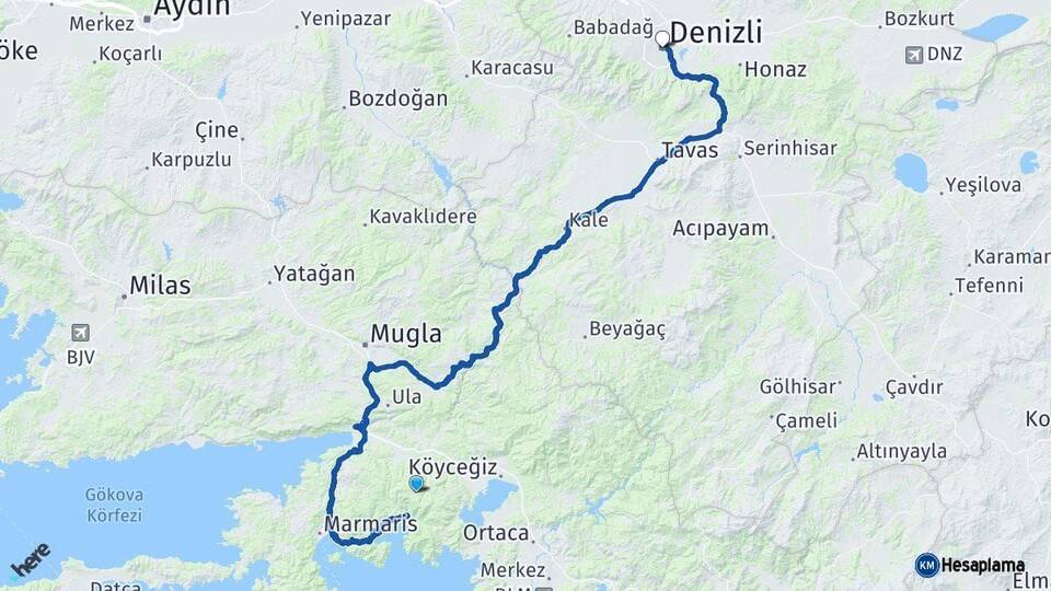 Muğla Denizli Arası Kaç Km - Yol Haritası