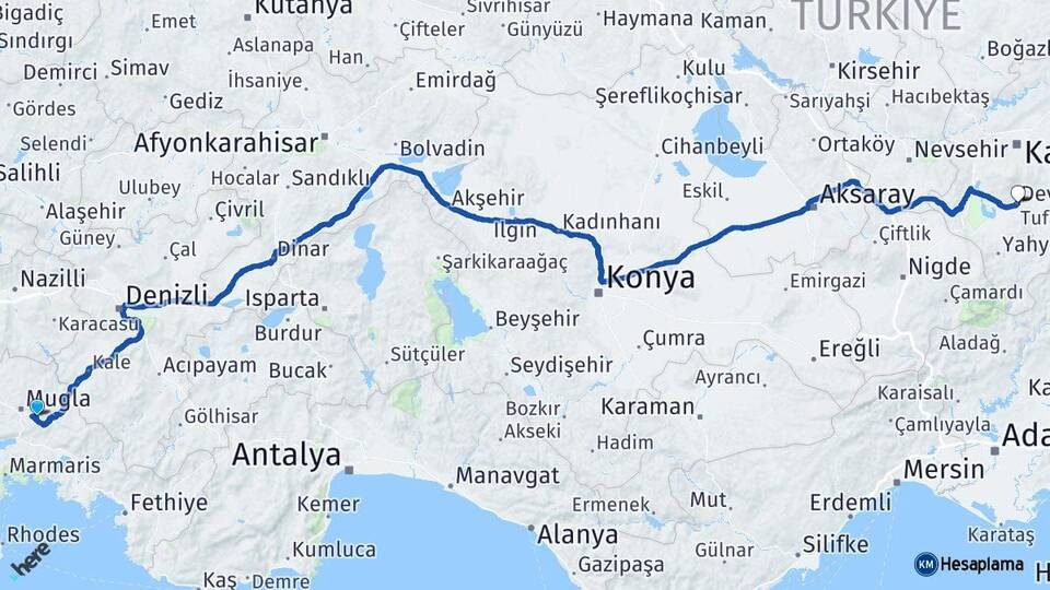 Muğla Develi Kayseri Arası Kaç Km - Yol Haritası