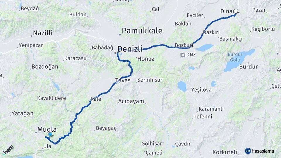 Muğla Dinar Afyonkarahisar Arası Kaç Km - Yol Haritası
