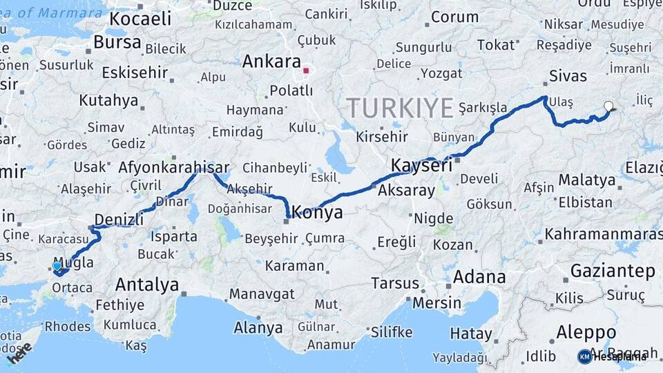Muğla Divriği Sivas Arası Kaç Km - Yol Haritası