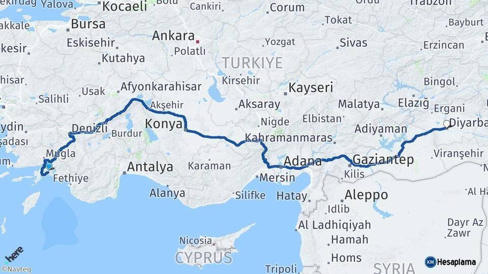 Muğla Diyarbakır Arası Kaç Km - Yol Haritası