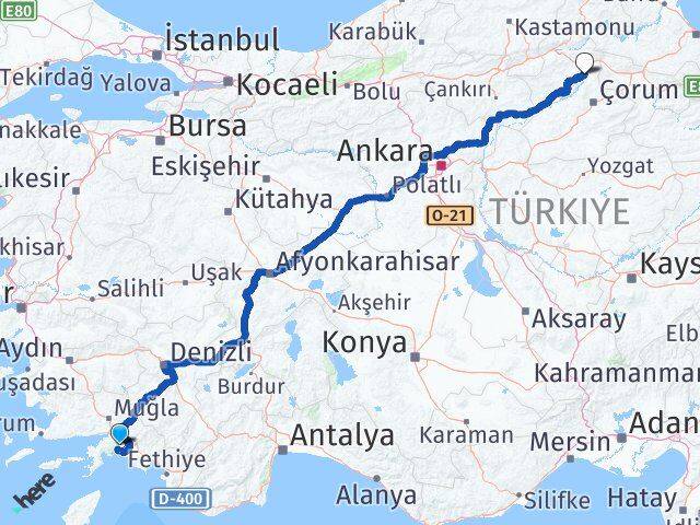 Muğla Dodurga Çorum Arası Kaç Km - Yol Haritası