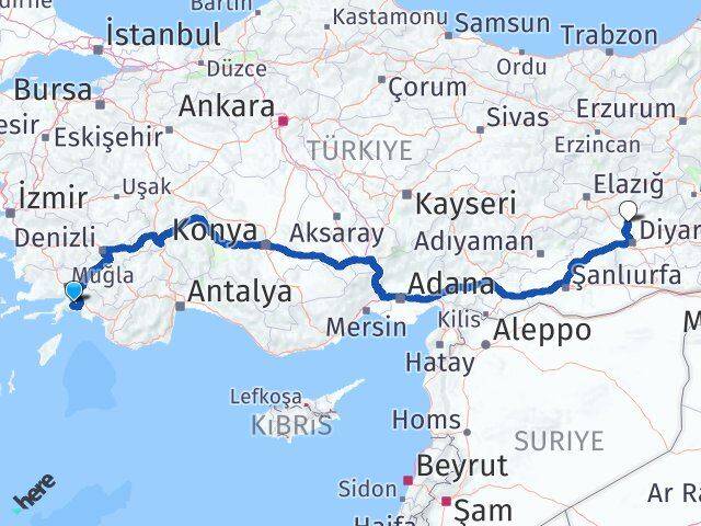 Muğla Eğil Diyarbakır Arası Kaç Km - Yol Haritası
