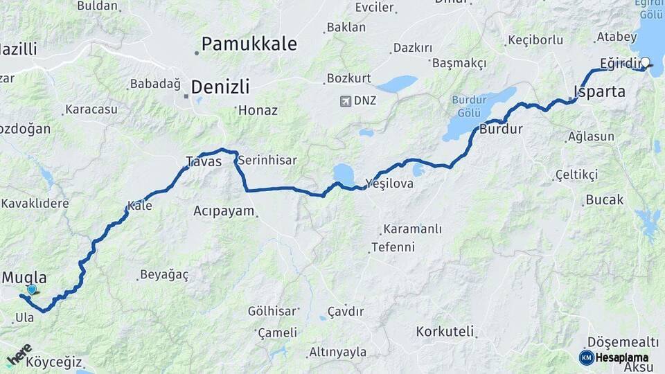 Muğla Eğirdir Isparta Arası Kaç Km - Yol Haritası
