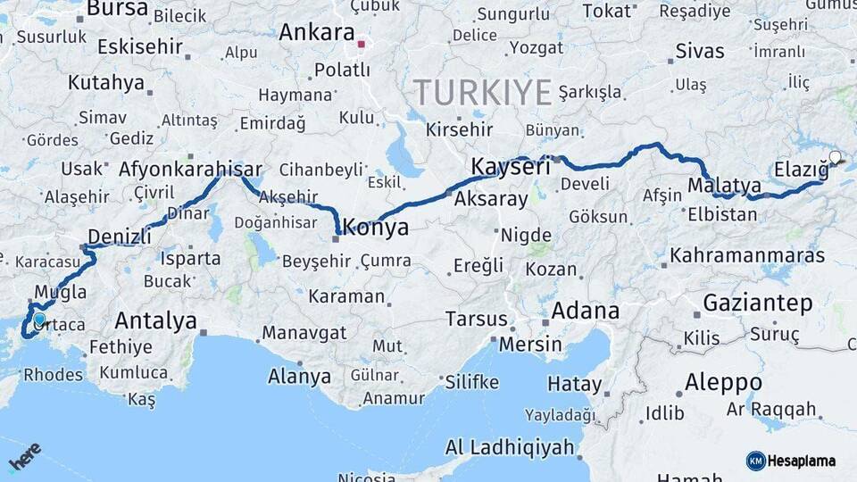 Muğla Elazığ Arası Kaç Km - Yol Haritası