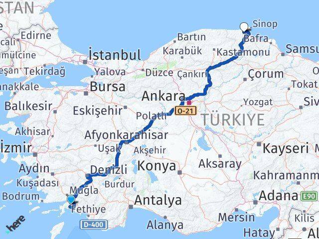 Muğla Erfelek Sinop Arası Kaç Km - Yol Haritası