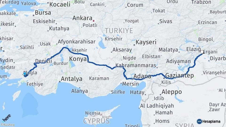 Muğla Ergani Diyarbakır Arası Kaç Km - Yol Haritası