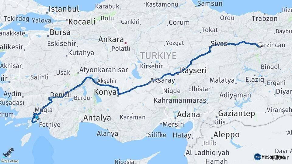 Muğla Erzincan Arası Kaç Km - Yol Haritası
