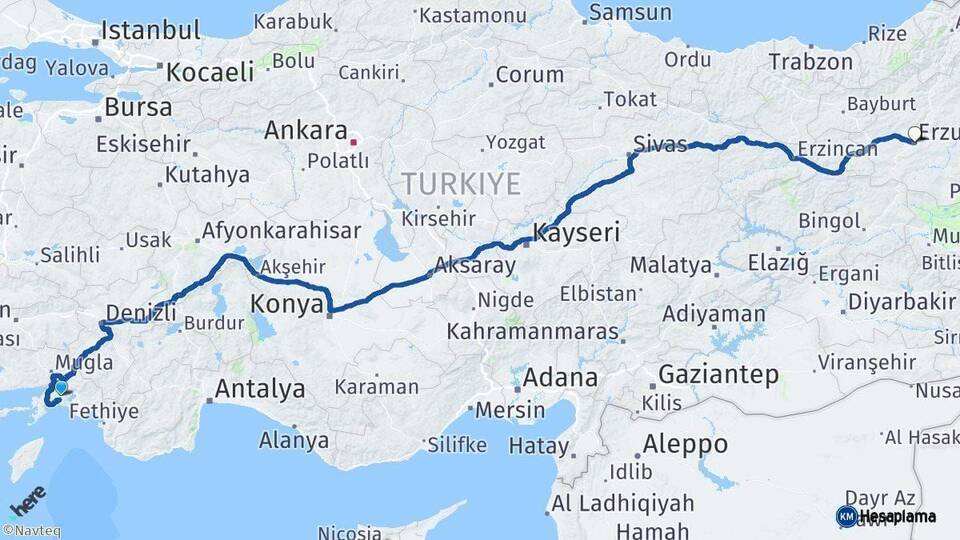 Muğla Erzurum Arası Kaç Km - Yol Haritası