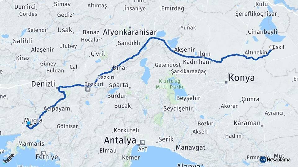 Muğla Eskil Aksaray Arası Kaç Km - Yol Haritası