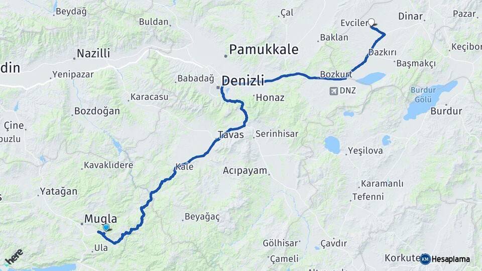 Muğla Evciler Afyonkarahisar Arası Kaç Km - Yol Haritası