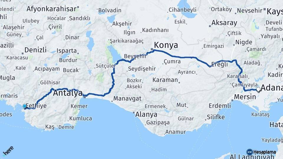 Muğla Fethiye Adana Arası Kaç Km - Yol Haritası