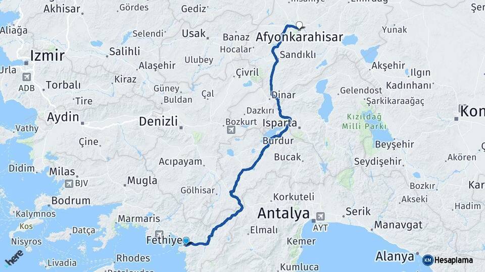 Muğla Fethiye Afyonkarahisar Arası Kaç Km - Yol Haritası