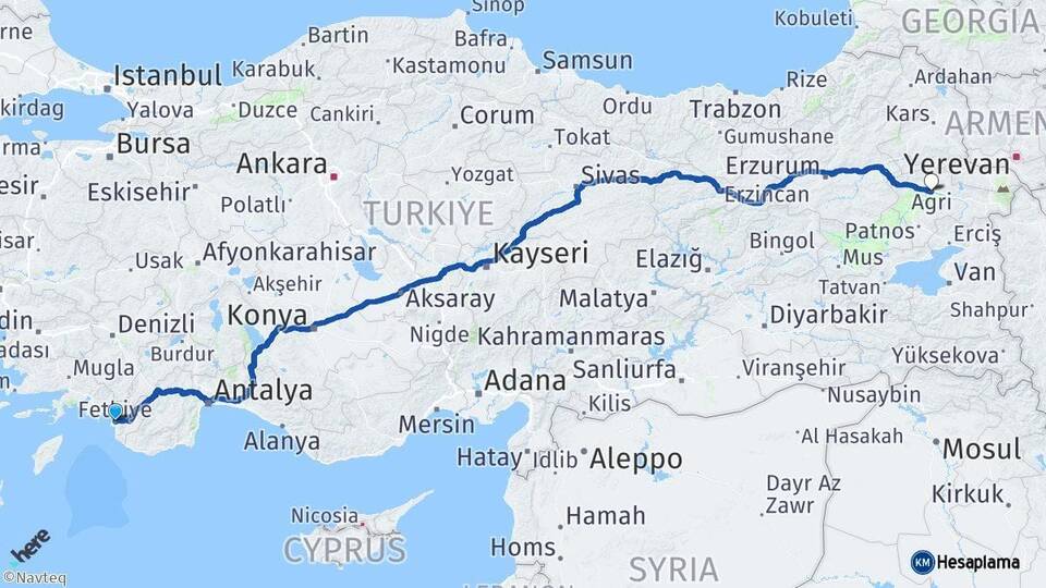 Muğla Fethiye Ağrı Arası Kaç Km - Yol Haritası