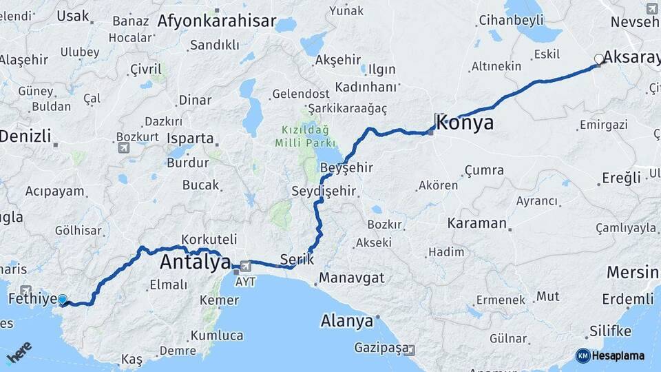Muğla Fethiye Aksaray Arası Kaç Km - Yol Haritası