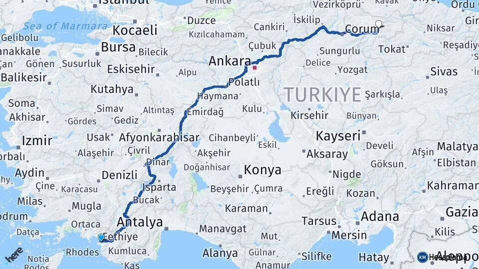 Muğla Fethiye Amasya Arası Kaç Km - Yol Haritası