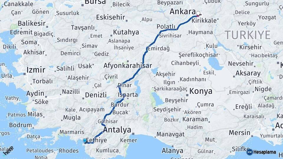 Muğla Fethiye Ankara Arası Kaç Km - Yol Haritası