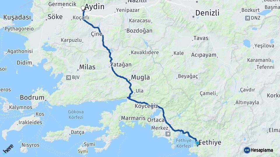 Muğla Fethiye Aydın Arası Kaç Km - Yol Haritası