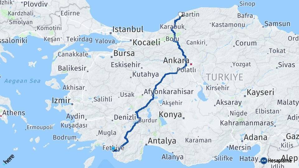 Muğla Fethiye Bartın Arası Kaç Km - Yol Haritası