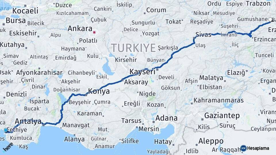 Muğla Fethiye Bayburt Arası Kaç Km - Yol Haritası