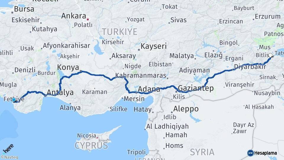 Muğla Fethiye Bitlis Arası Kaç Km - Yol Haritası