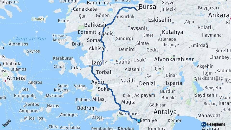 Muğla Fethiye Bursa Arası Kaç Km - Yol Haritası