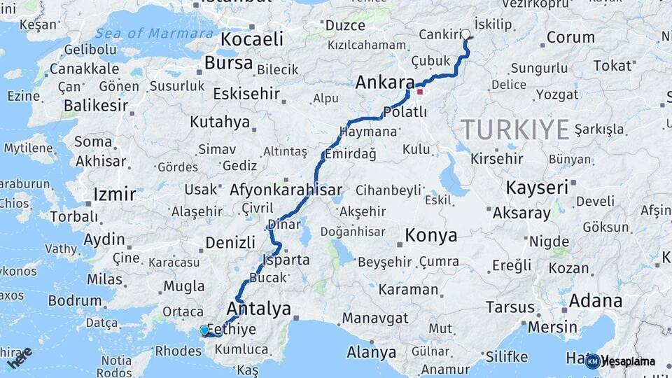 Muğla Fethiye Çankırı Arası Kaç Km - Yol Haritası