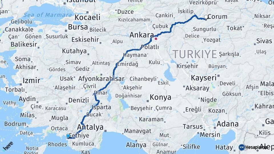 Muğla Fethiye Çorum Arası Kaç Km - Yol Haritası