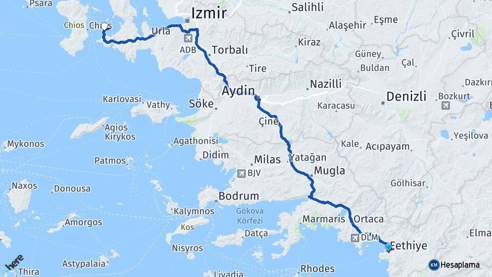 Muğla Fethiye Dalyan Çeşme İzmir Arası Kaç Km - Yol Haritası