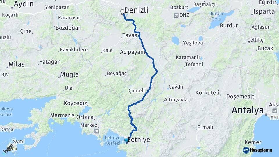 Muğla Fethiye Denizli Arası Kaç Km - Yol Haritası