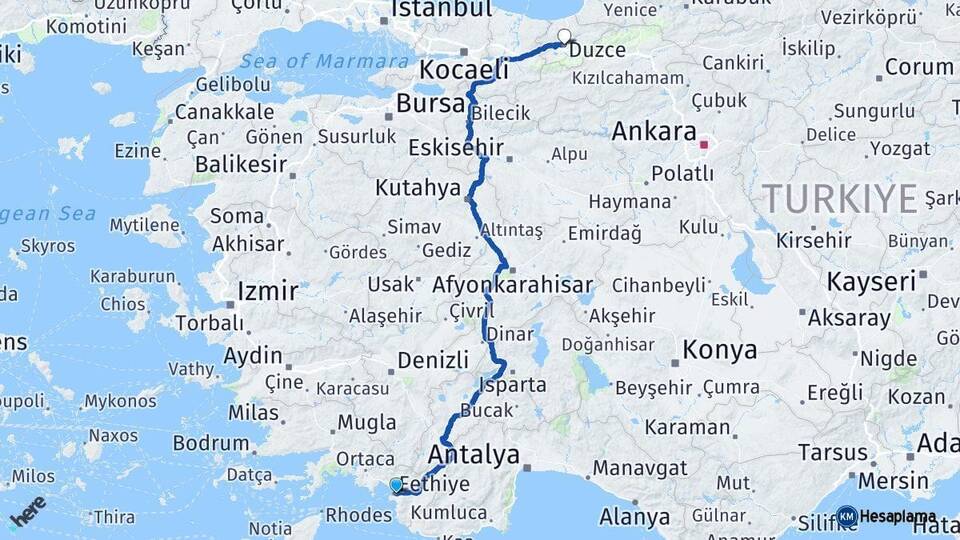 Muğla Fethiye Düzce Arası Kaç Km - Yol Haritası