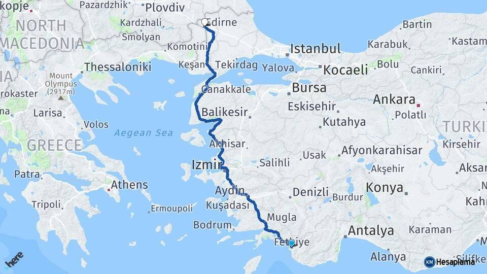 Muğla Fethiye Edirne Arası Kaç Km - Yol Haritası