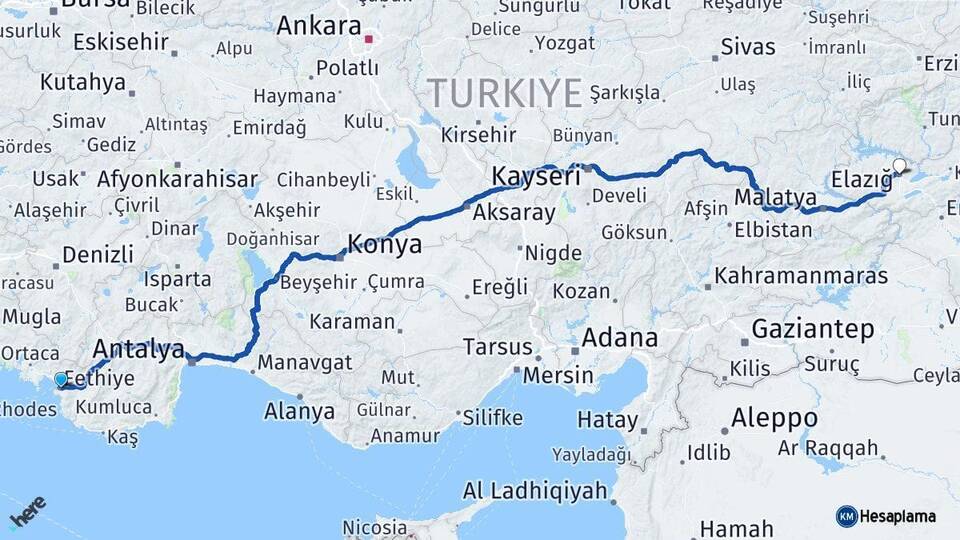 Muğla Fethiye Elazığ Arası Kaç Km - Yol Haritası