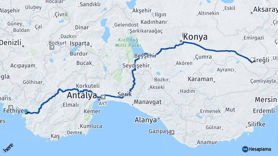 Muğla Fethiye Ereğli Konya Arası Kaç Km - Yol Haritası