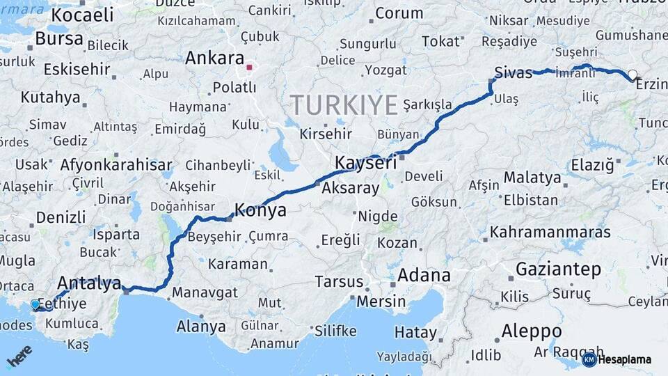 Muğla Fethiye Erzincan Arası Kaç Km - Yol Haritası