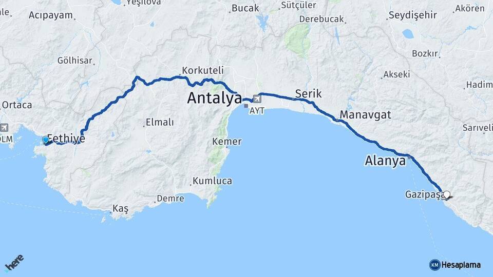 Muğla Fethiye Gazipaşa Antalya Arası Kaç Km - Yol Haritası
