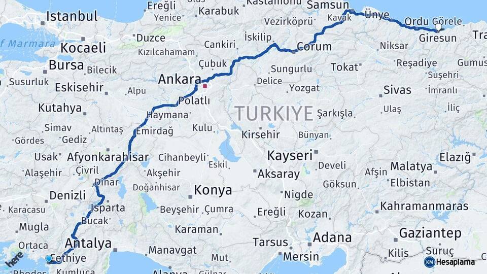Muğla Fethiye Giresun Arası Kaç Km - Yol Haritası