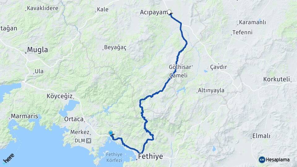Muğla Fethiye Göcek Acıpayam Denizli Arası Kaç Km - Yol Haritası