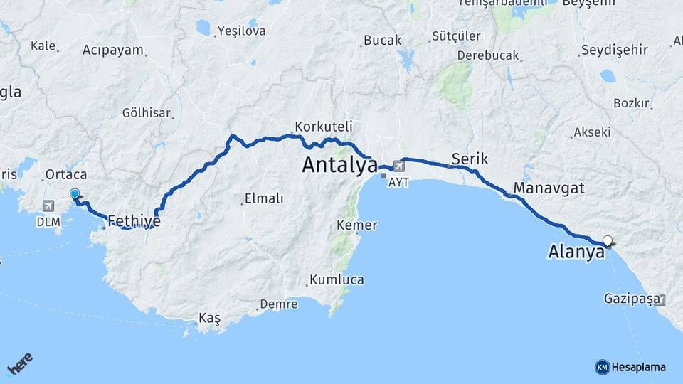 Muğla Fethiye Göcek Alanya Antalya Arası Kaç Km - Yol Haritası