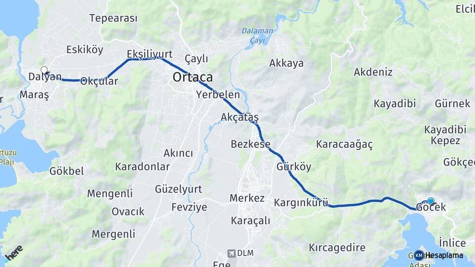 Muğla Fethiye Göcek Dalyan Ortaca Arası Kaç Km - Yol Haritası