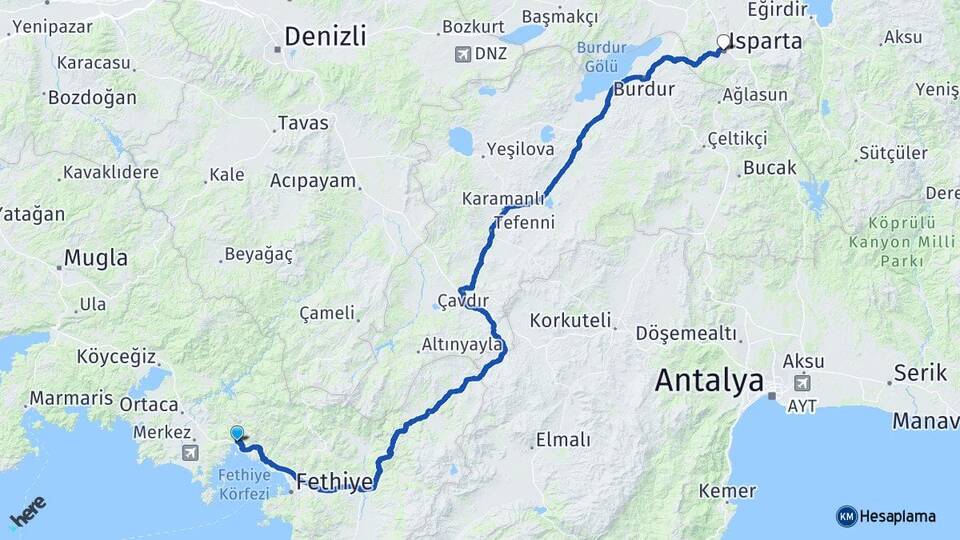 Muğla Fethiye Göcek Isparta Arası Kaç Km - Yol Haritası