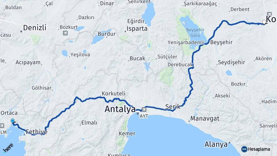 Muğla Fethiye Göcek Konya Arası Kaç Km - Yol Haritası