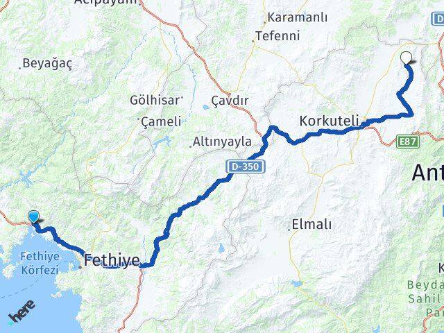 Muğla Fethiye Göcek Yakaköy Korkuteli Antalya Arası Kaç Km - Yol Haritası