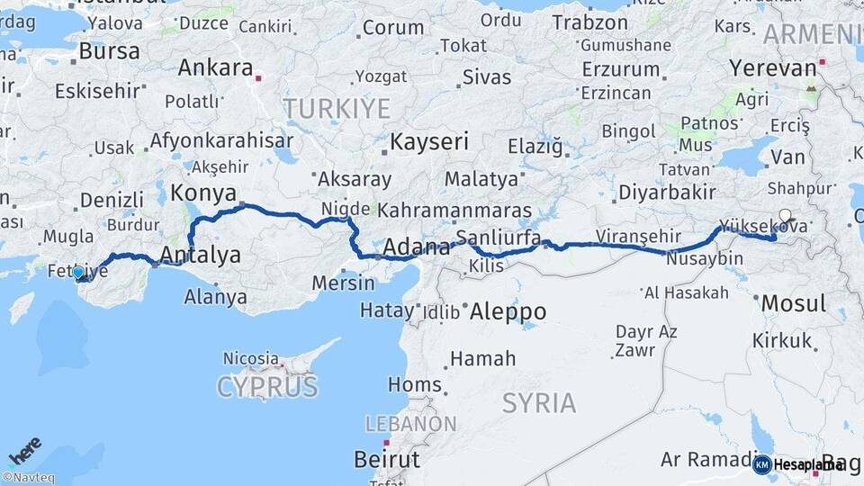 Muğla Fethiye Hakkari Arası Kaç Km - Yol Haritası