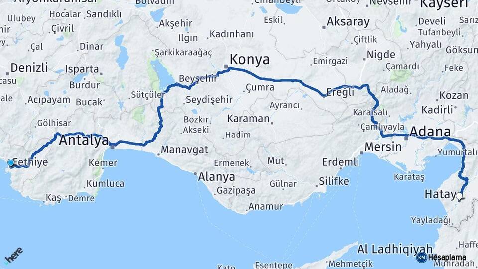 Muğla Fethiye Hatay Arası Kaç Km - Yol Haritası