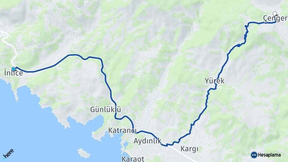 Muğla Fethiye İnlice Çenger Fethiye Arası Kaç Km - Yol Haritası