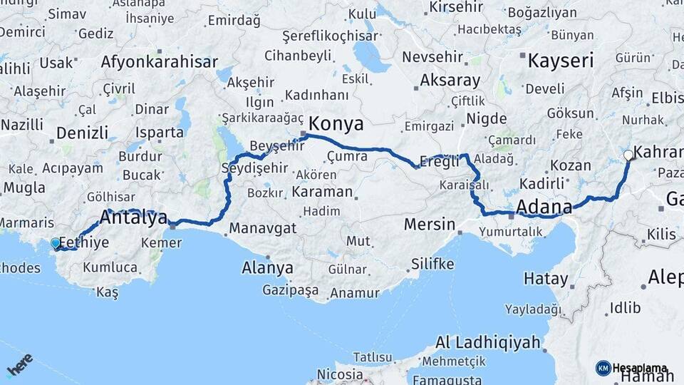 Muğla Fethiye Kahramanmaraş Arası Kaç Km - Yol Haritası