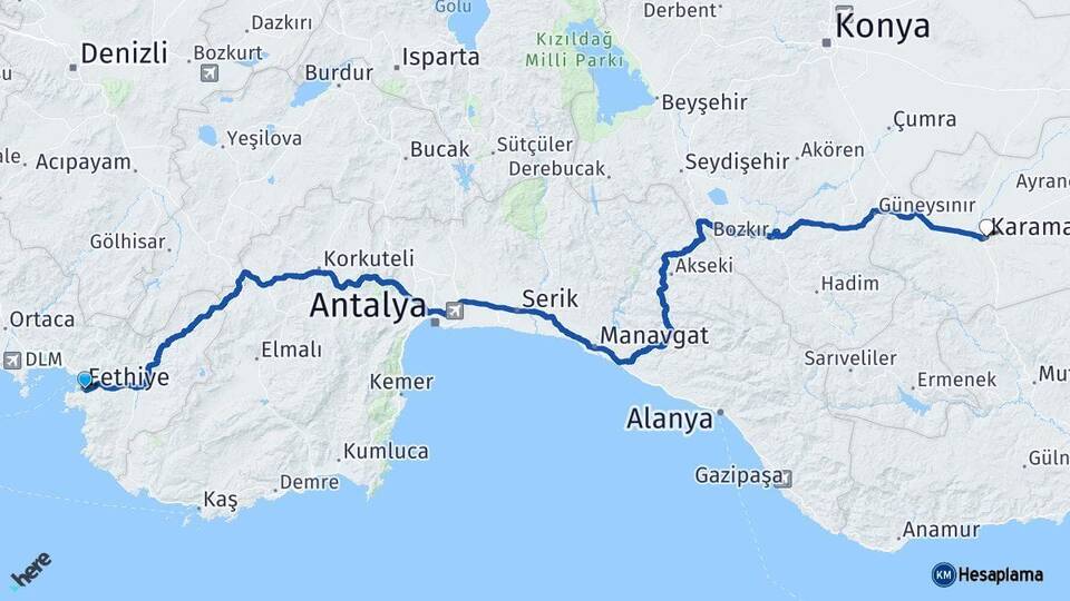 Muğla Fethiye Karaman Arası Kaç Km - Yol Haritası