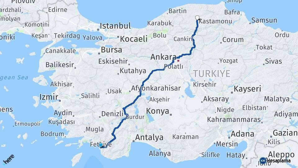 Muğla Fethiye Kastamonu Arası Kaç Km - Yol Haritası