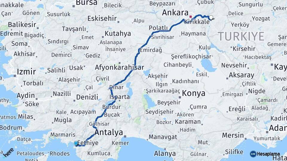 Muğla Fethiye Kırıkkale Arası Kaç Km - Yol Haritası